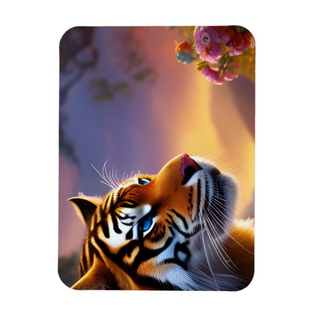 Íman Tigre de Olhos Azuis e Flores Rosas (Vertical)