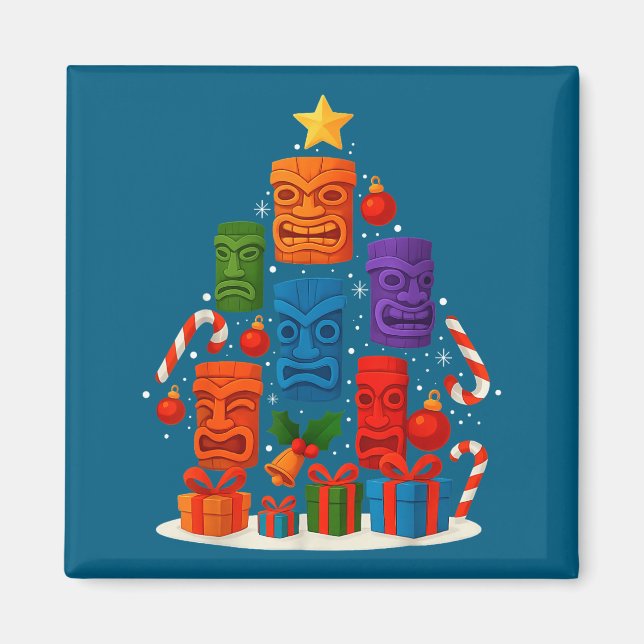 Íman Tiki Mask Luau Christmas Tree Hawaiian Xmas Hat Ha (Frente)