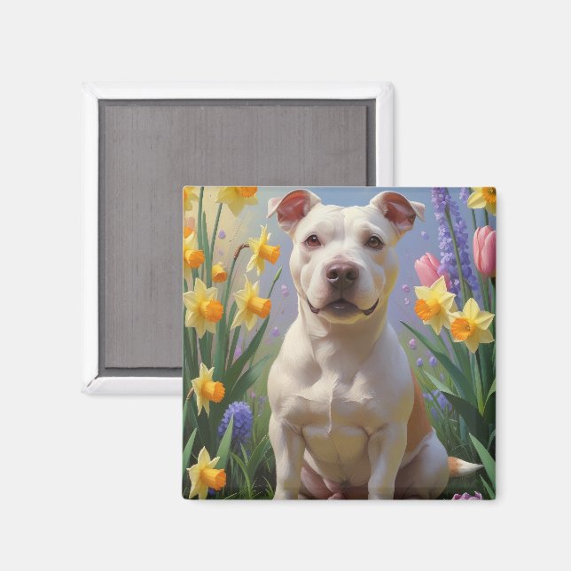 Íman Tinta de Flores de Primavera do Cão Bull Terrier (Front/Back)