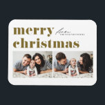 Íman Tipografia Retro Dourada Feliz Natal Duas Foto<br><div class="desc">Celebre o espírito de Natal com nosso ímã de Natal fotográfico personalizável! Perfeito para capturar os seus momentos festivos favoritos, este ímã permite-vos criar uma vigilância única que mostra a alegria e o amor da vossa família durante a época de férias. Apresenta tipografia retrógrada. Personalize adicionando seus detalhes. Este ímã...</div>