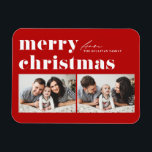 Íman Tipografia Retro Vermelha Feliz Natal Dois Foto<br><div class="desc">Feliz Natal! Traga um pouco de alegria de férias para sua casa com nosso Magnet de Natal personalizável! Perfeito para mostrar memórias queridas, este ímã permite que você personalize com sua foto festiva favorita, fazer uma adição única ao seu decoro de férias. Apresenta tipografia retrógrada. Personalize adicionando um cartões de...</div>