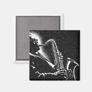 Íman Toca Saxofone no Estilo Gráfico BW dos Anos 50