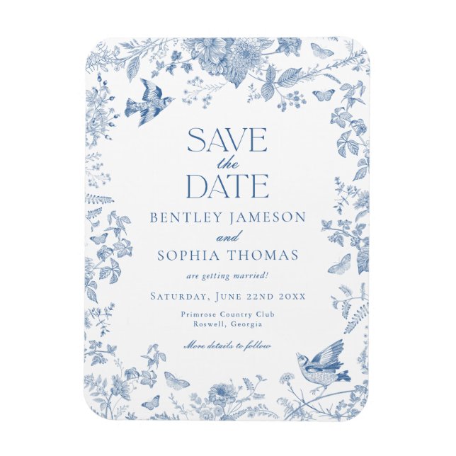 Íman Toile De Jouy Azul Floral Francês Salve a Data (Vertical)