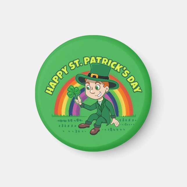 Íman Toon leprechaun bonito com shamrock e arco-íris (Frente)