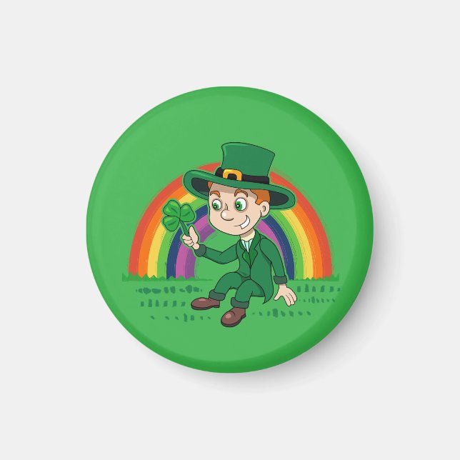 Íman Toon leprechaun bonito com shamrock e arco-íris (Frente)