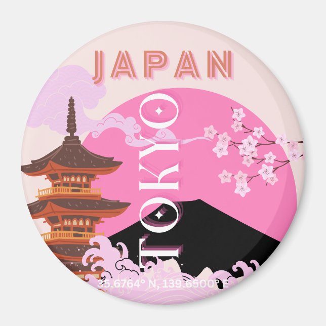 Íman Tóquio Japão Viagem Art, Retro-Viagem Art, Rosa (Frente)