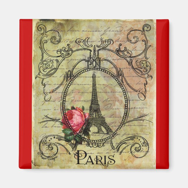 Íman Torre Eiffel Paris e Rosa vermelha Steampunk (Frente)