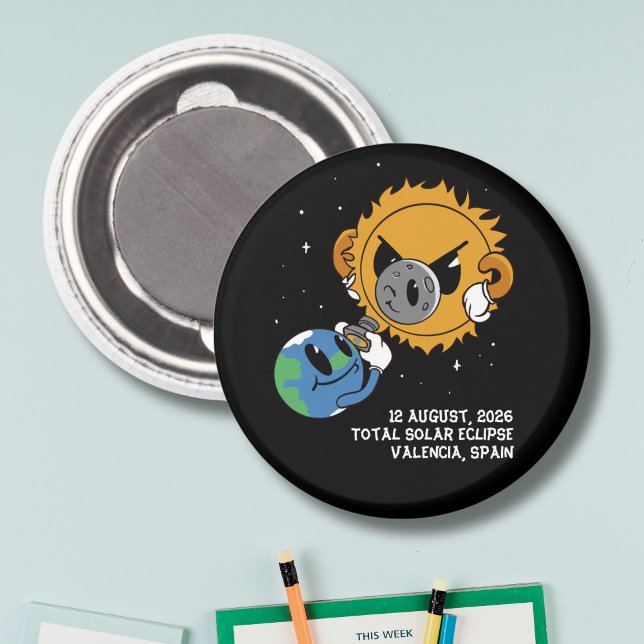 Íman Total Solar Eclipse 2026 Spain Photobomb (Change city to personalize.  All text editable, matching items available)