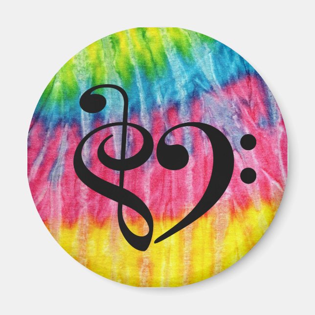 Íman Treble Clef Bass Clef Heart Retro Hippie Tie-Dye (Frente)