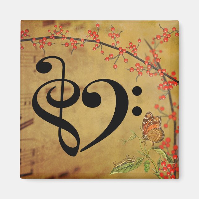 Íman Treble Clef Bass Clef Musical Heart Sheet (Frente)