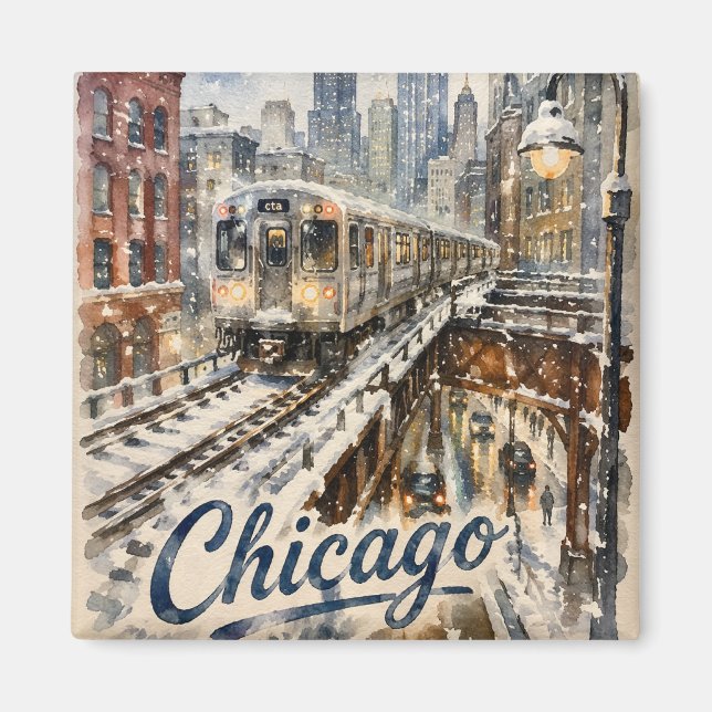 Íman Trem El de Chicago na Neve de Inverno (Frente)