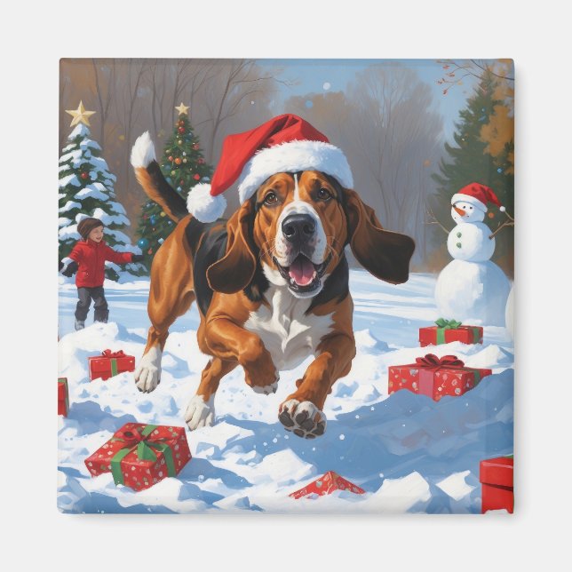 Íman Tremendo Walker Coonhound Snow com Chapéu de Natal (Frente)