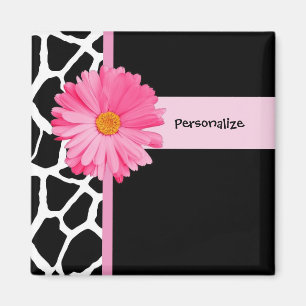 Íman Trendy Black and White Giraffe Pink Daisy and Name