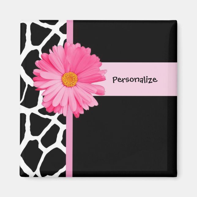 Íman Trendy Black and White Giraffe Pink Daisy and Name (Frente)
