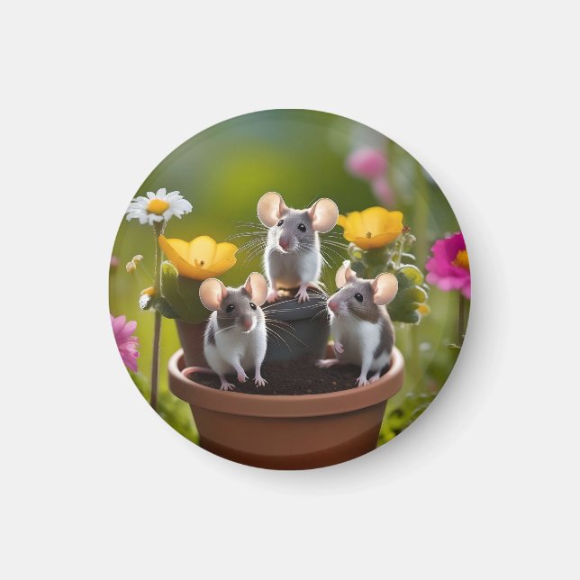 Íman Três Camundongos Em Potes Flores, (Frente)
