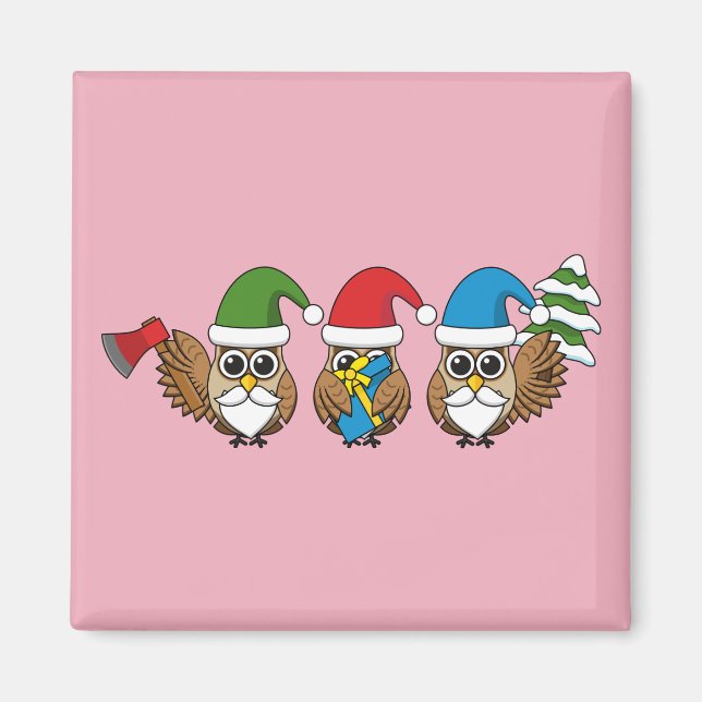 Íman Três Corujas Engraçadas de Gnomo de Natal (Frente)
