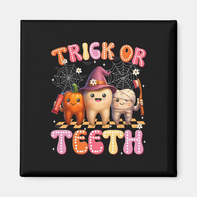 Íman Trick Ou Teeth Crew Dental Halloween Fatos (Frente)