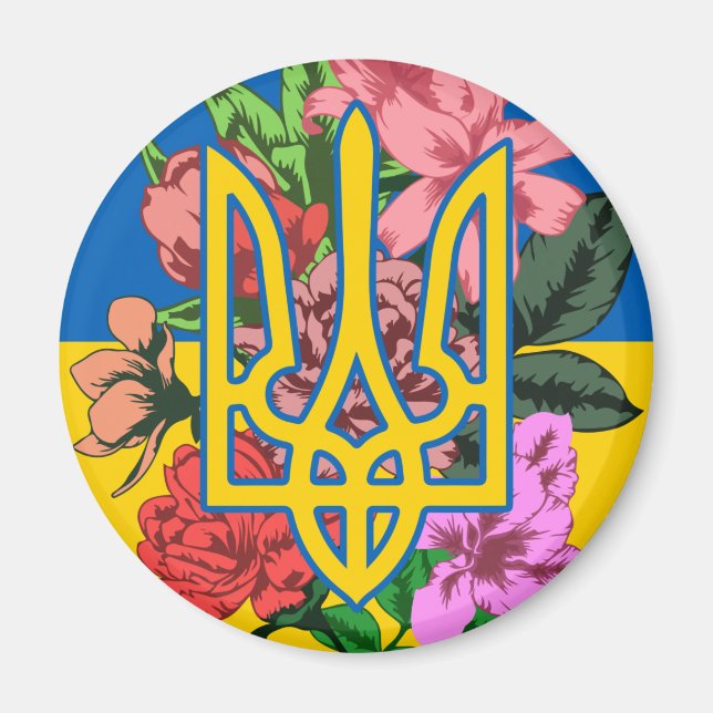 Íman Tridente ucraniano e bandeira da Ucrânia com flore (Frente)