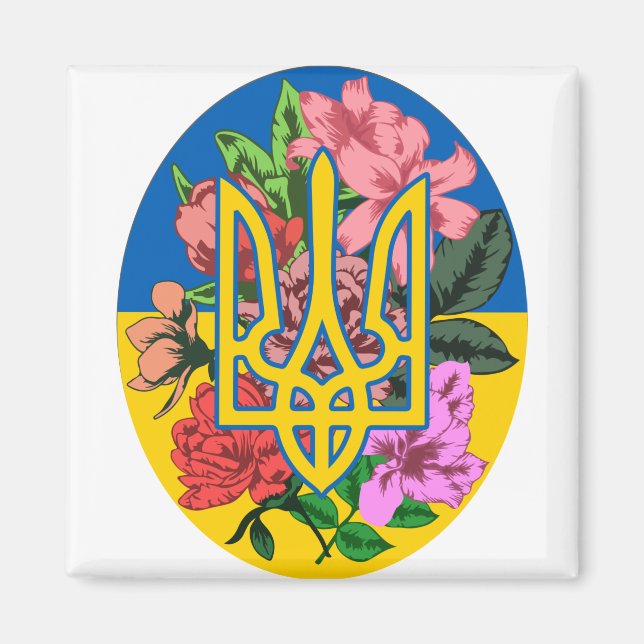 Íman Tridente ucraniano e bandeira da Ucrânia com flore (Frente)