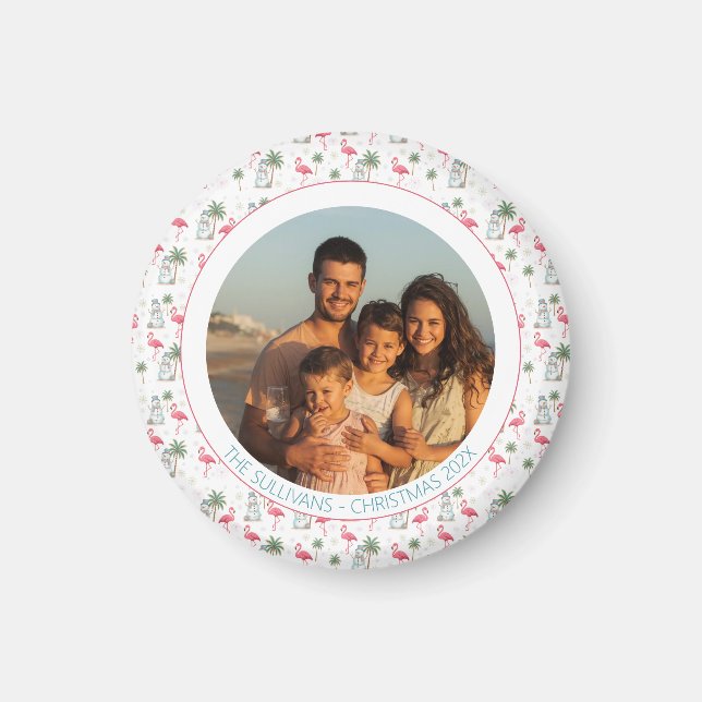Íman Tropical Christmas Pink Flamingo Family Photo (Frente)