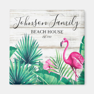 Íman Tropical Floral Rosa Flamingo Family Name Beach