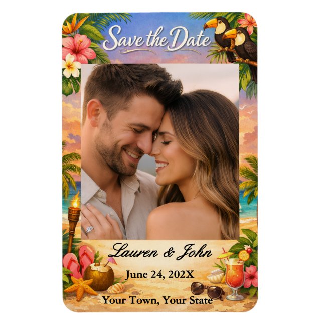 Íman Tropical Paradise Photo Save Date Wedding Magnet (Vertical)