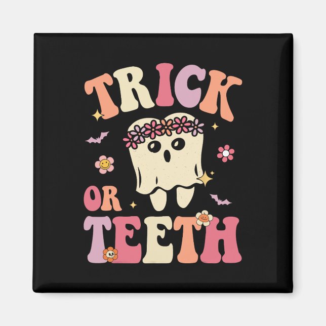 Íman Truque Ou Dentes Fantasma Groovy Dental Halloween  (Frente)