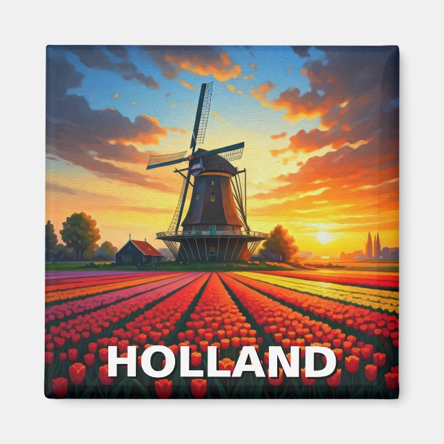Íman Tulip Fields Windmill Holland Sunset (Frente)