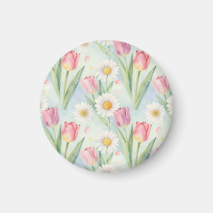Íman Tulipa Rosa Margarida Aquarela Padrão Primavera