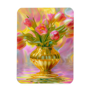Íman Tulipas Rosa Vibrantes em Vase Ouro