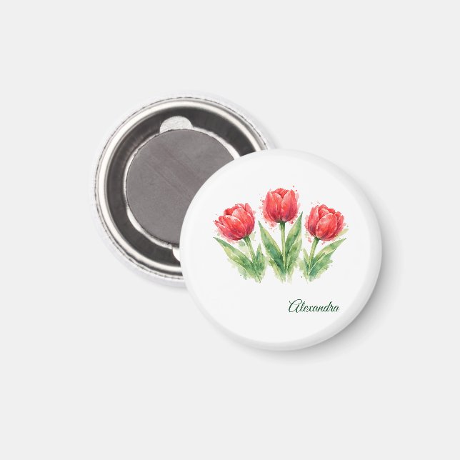 Íman Tulipas Vermelhas Aquarela Personalizadas (Front/Back)