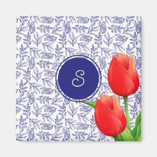 Íman Tulipas Vermelhas Elegantes Primavera Azul Floral