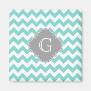 Íman Turq/monograma cinzento branco Chevron Quatrefoil