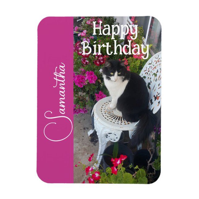Íman Tuxedo Cat Cats and Flowers Girls Name Birthday (Vertical)