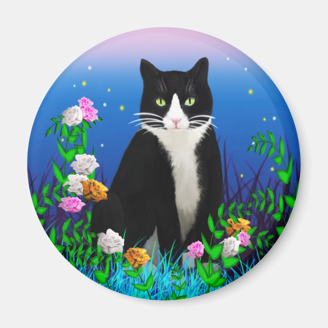 Íman Tuxedo Cat com Flowers Magnet (Frente)