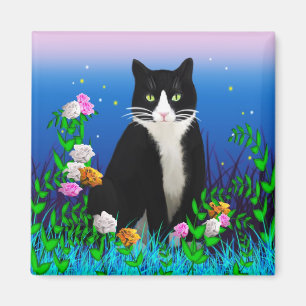 Íman Tuxedo Cat com Flowers Magnet