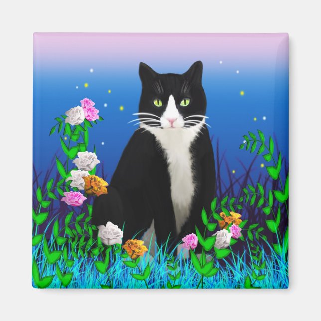 Íman Tuxedo Cat com Flowers Magnet (Frente)
