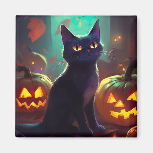 Íman Tuxedo Gato De Halloween Com Pumpkins Assustado