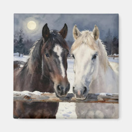 Íman Two Horses on a Snowy Farm Under the Moon