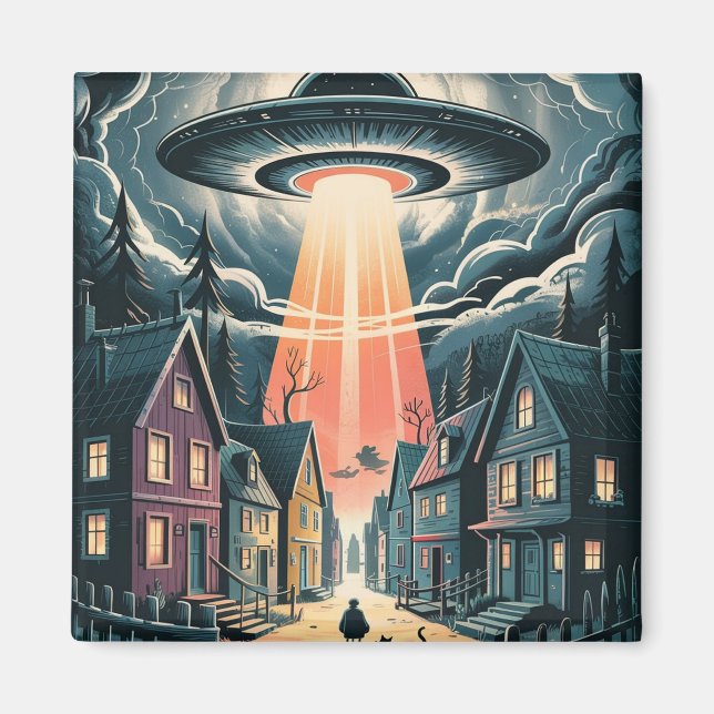 Íman UFO Abduction Night Street Illustration (Frente)