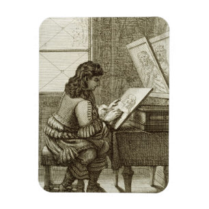 Íman Um artista que copia em uma placa da gravura,