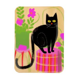 Íman Um Gato Preto Com Plantas Domésticas