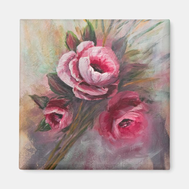 Íman Um monte de rosas rosa pintando em acrílico (Frente)