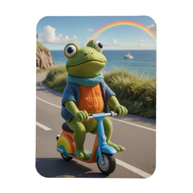Íman Um sapo de tricô anda de scooter (Vertical)