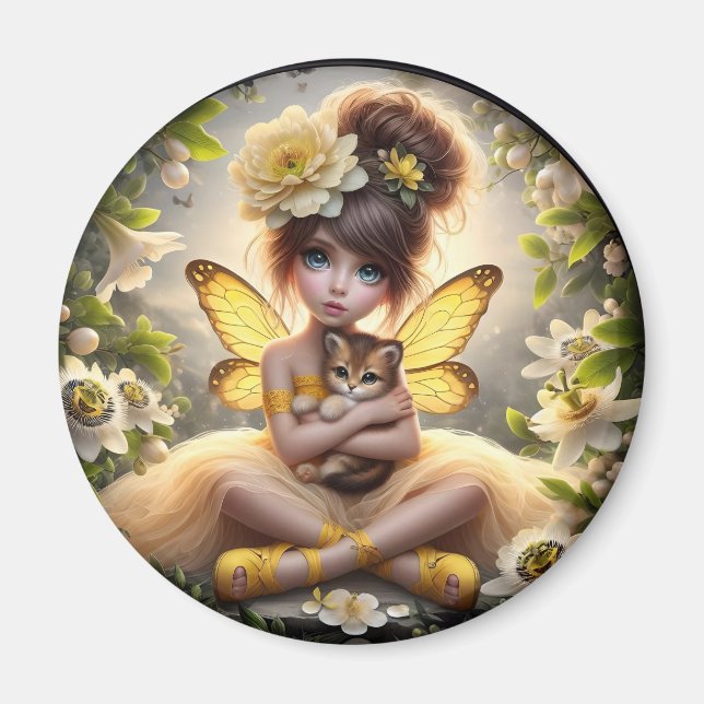 Íman Uma Fada e seu Filhote de Leão - ímã Amarelo (Frente)