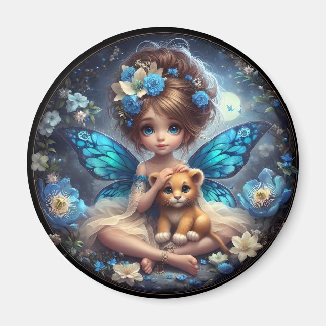 Íman Uma Fada e seu Filhote de Leão - Ímã Azul (Frente)