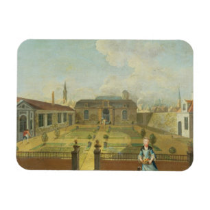 Íman Uma Jovem com seu Cachorro em frente a um Jardim (