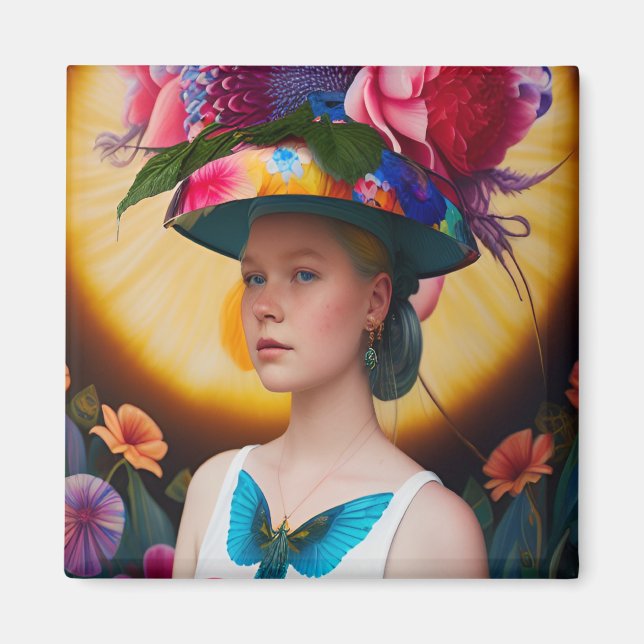 Íman Uma senhora com um chapéu de sol floral (Frente)