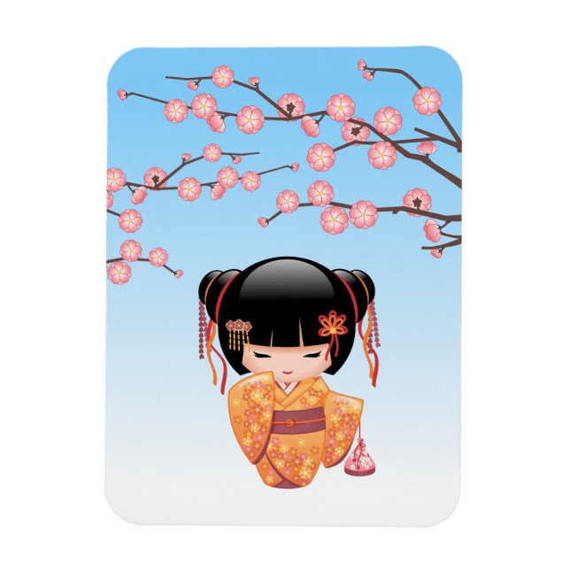 Íman Ume Kokeshi Doll - Japonesa Geisha Girl Blue (Vertical)