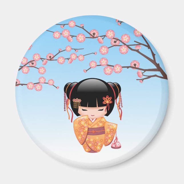 Íman Ume Kokeshi Doll - Japonesa Geisha Girl Blue (Frente)